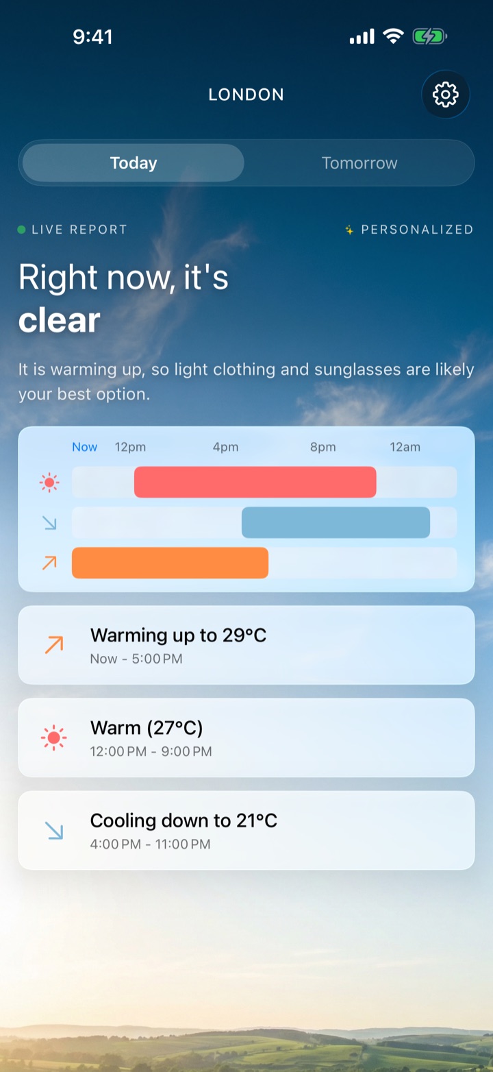 Jacket home screen: 'Right now, it's clear' with a plain-English clothing tip and a timeline of today's weather events