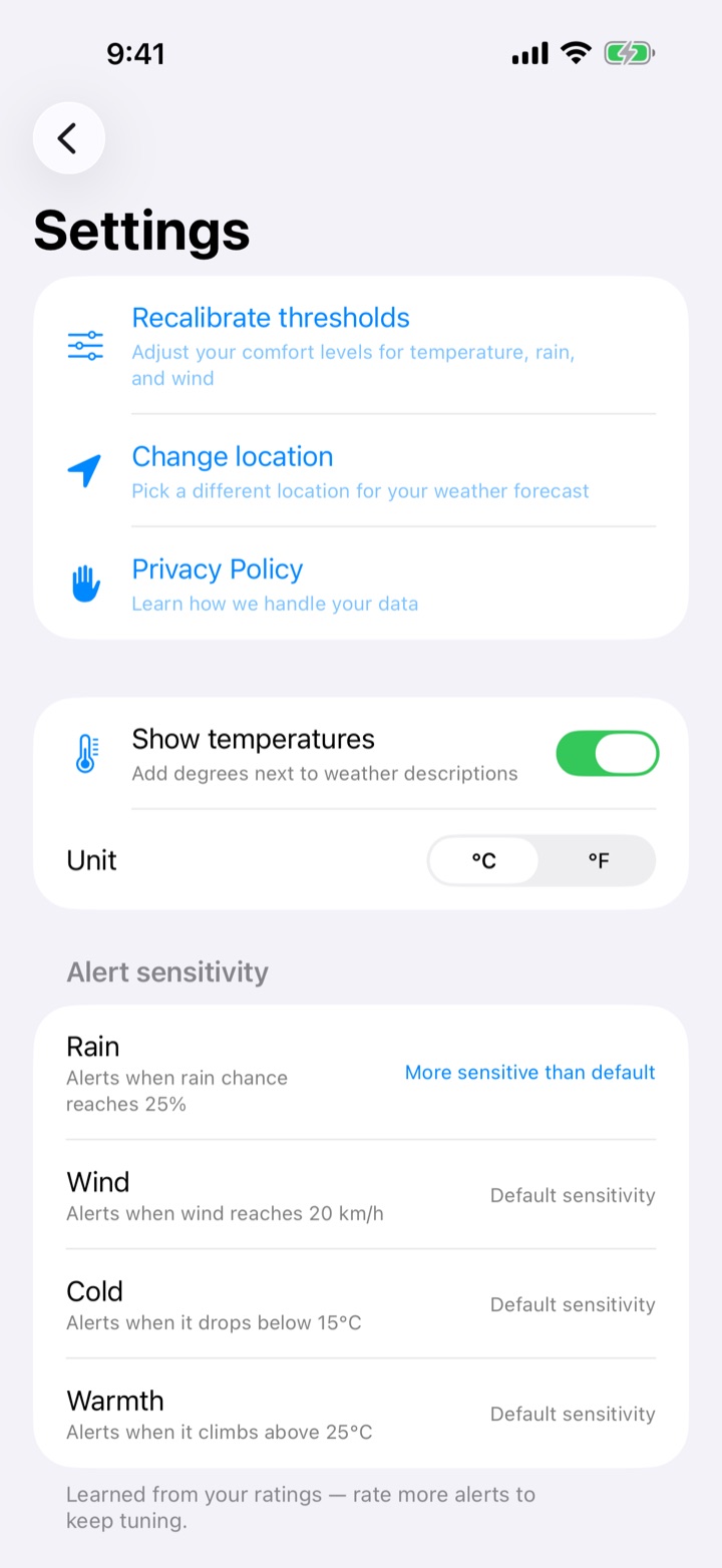 Settings screen showing alert sensitivity learned from your ratings, with rain set to 'More sensitive than default'