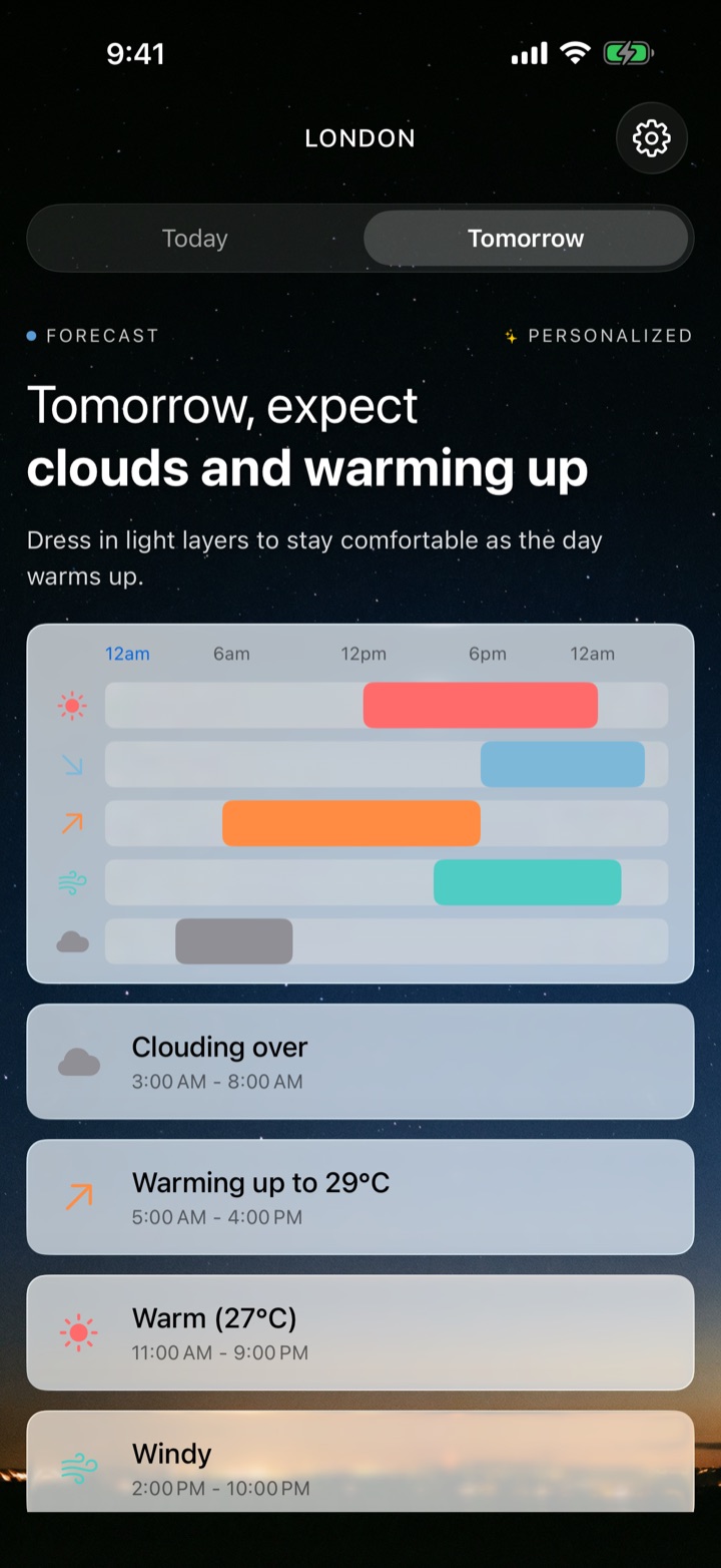 Tomorrow view: 'Tomorrow, expect clouds and warming up' with a five-row event timeline
