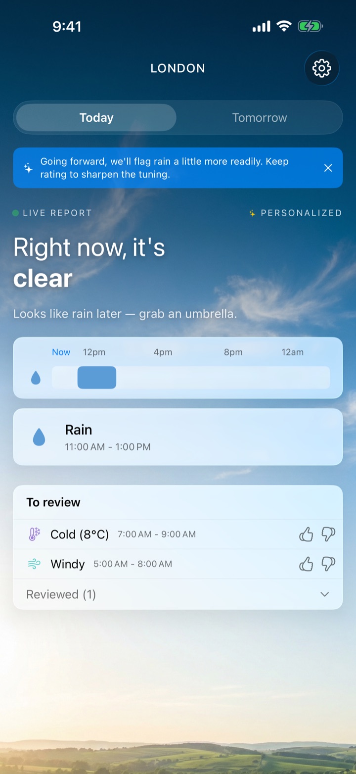 Home screen showing a retune banner and a 'To review' card with thumbs-up and thumbs-down buttons